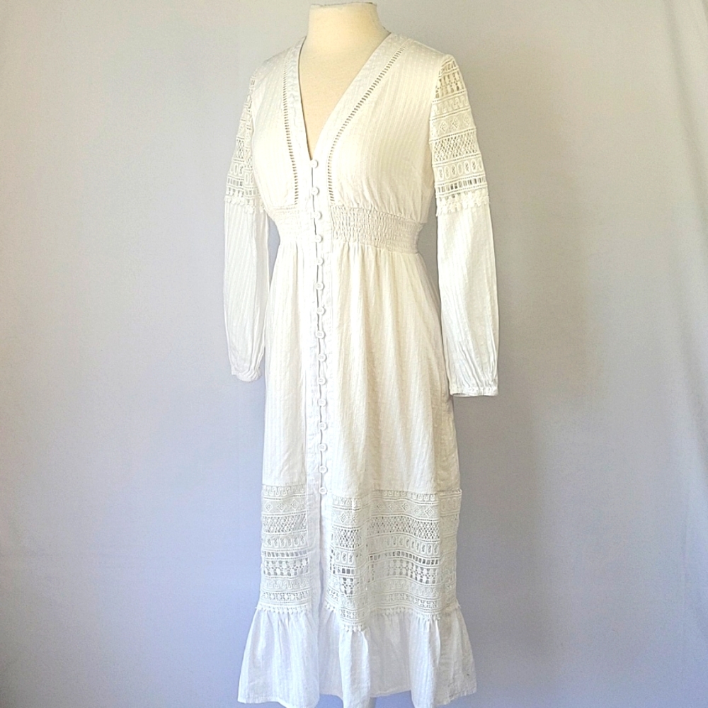 Storia Long Sleeve Boho Lace Dress White Size Small